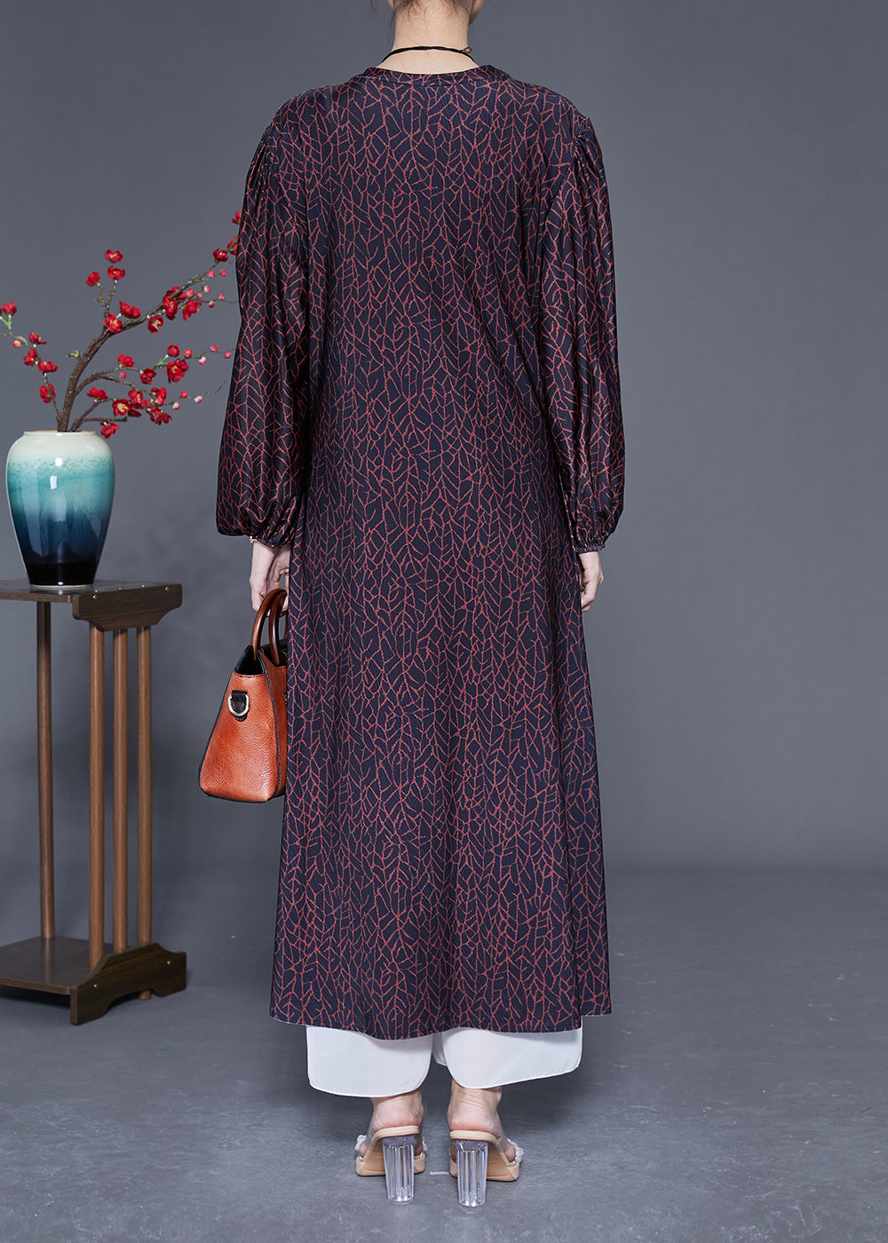 Handmade Black O-Neck Patchwork Print Wrinkled Silk Dress Lantern Sleeve LY1834 - fabuloryshop