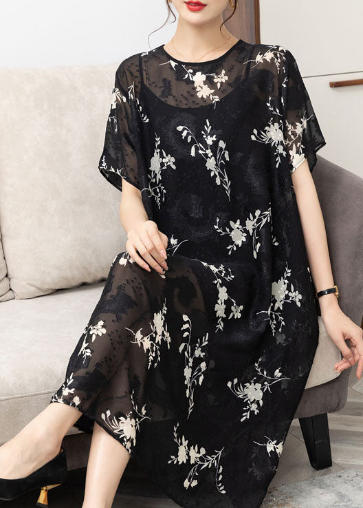 Handmade Black O Neck Print Patchwork Chiffon Dress Summer Ada Fashion