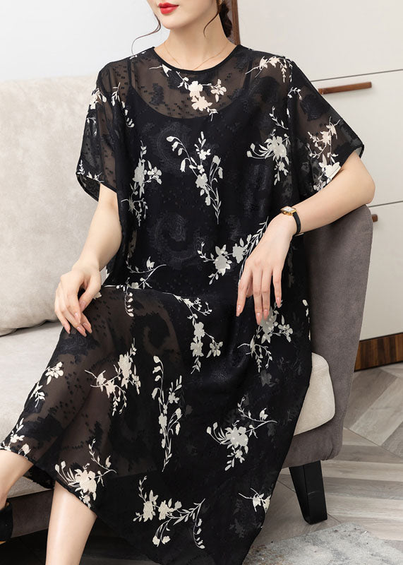 Handmade Black O Neck Print Patchwork Chiffon Dress Summer Ada Fashion