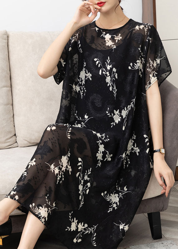 Handmade Black O Neck Print Patchwork Chiffon Dress Summer Ada Fashion