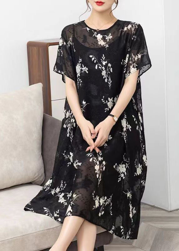 Handmade Black O Neck Print Patchwork Chiffon Dress Summer Ada Fashion