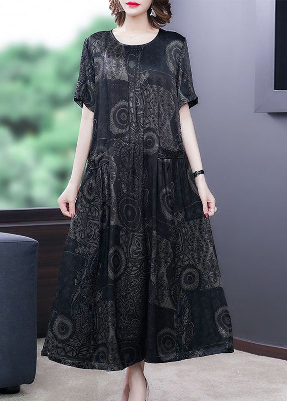 Handmade Black O-Neck Print Silk Long Dress Summer LY3707 - fabuloryshop