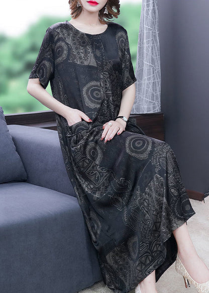 Handmade Black O-Neck Print Silk Long Dress Summer LY3707 - fabuloryshop