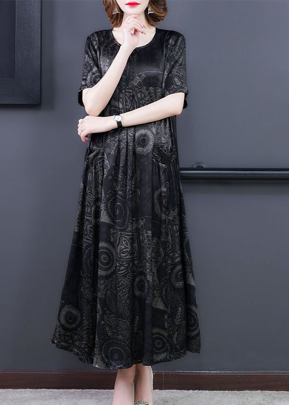 Handmade Black O-Neck Print Silk Long Dress Summer LY3707 - fabuloryshop