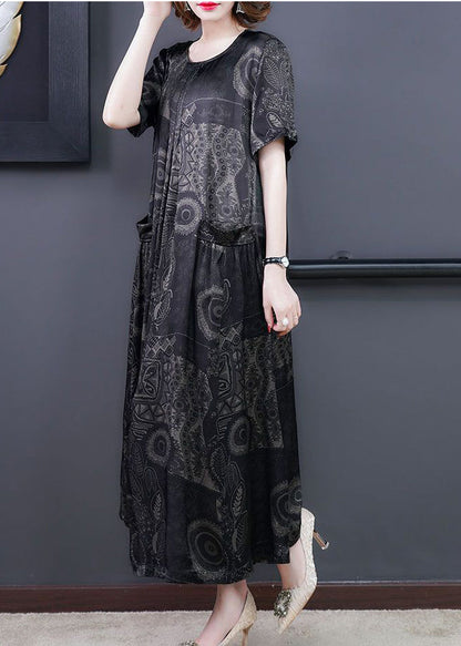 Handmade Black O-Neck Print Silk Long Dress Summer LY3707 - fabuloryshop