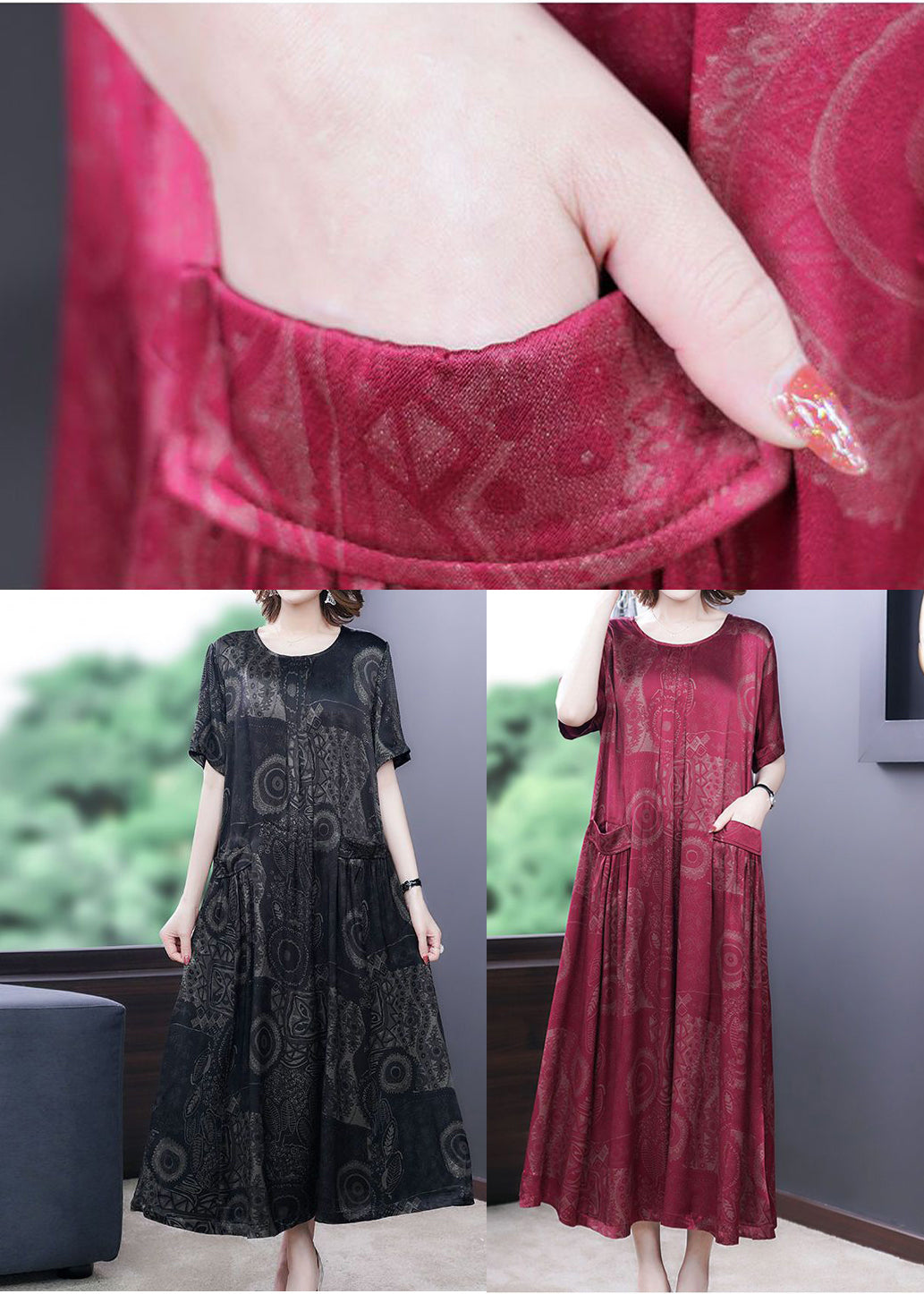 Handmade Black O-Neck Print Silk Long Dress Summer LY3707 - fabuloryshop