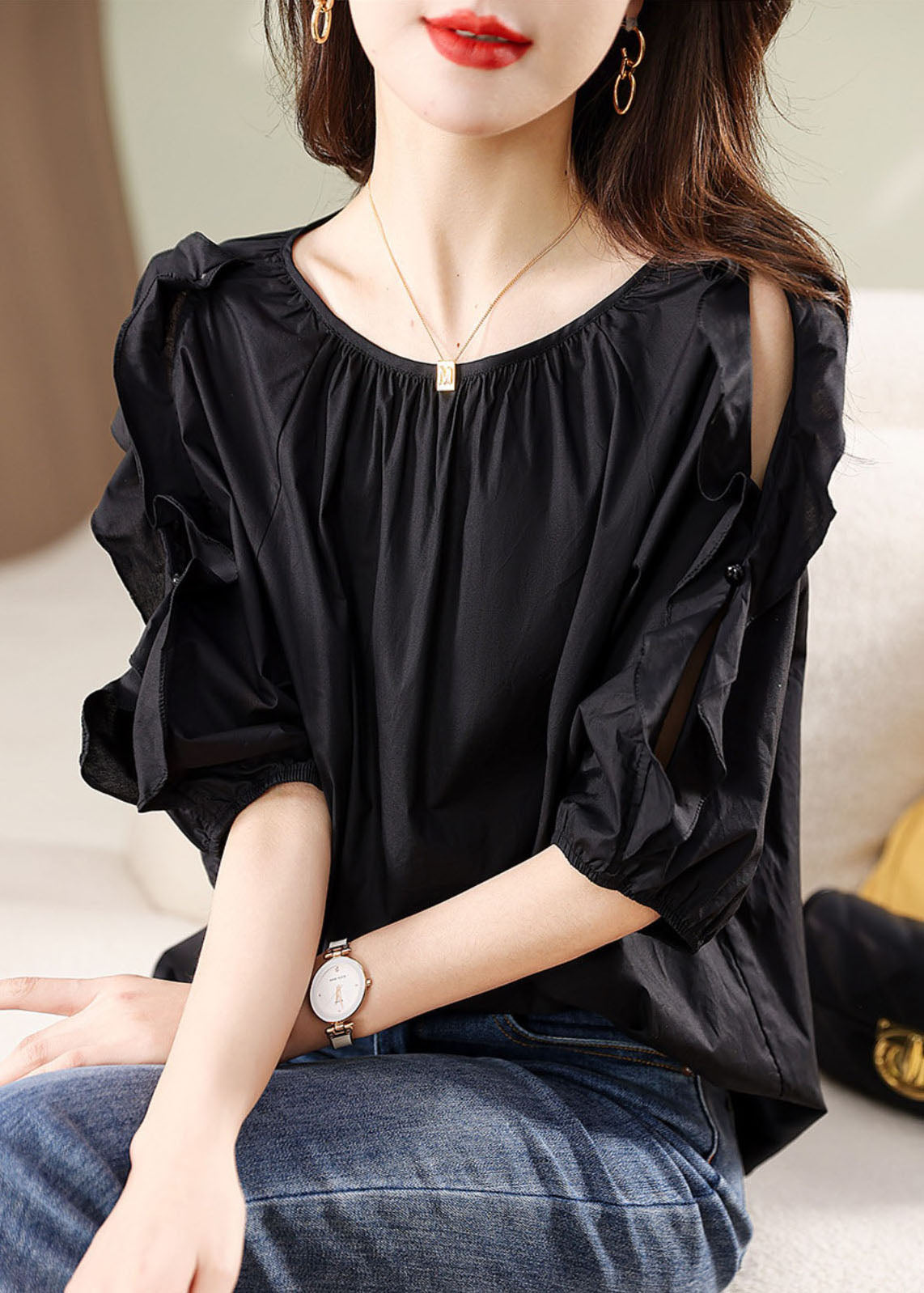 Handmade Black O Neck Ruffled Patchwork Cotton Shirt Summer TP1063 - fabuloryshop