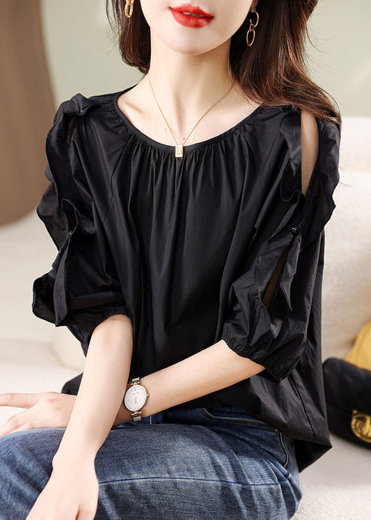 Handmade Black O Neck Ruffled Patchwork Cotton Shirt Summer Ada Fashion