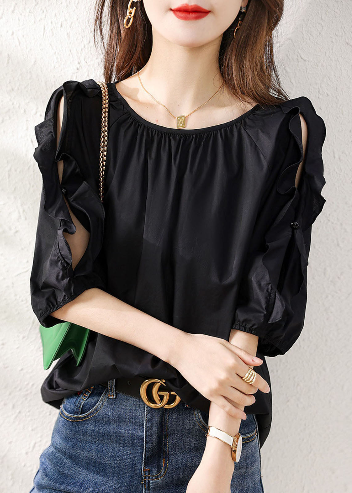 Handmade Black O Neck Ruffled Patchwork Cotton Shirt Summer TP1063 - fabuloryshop