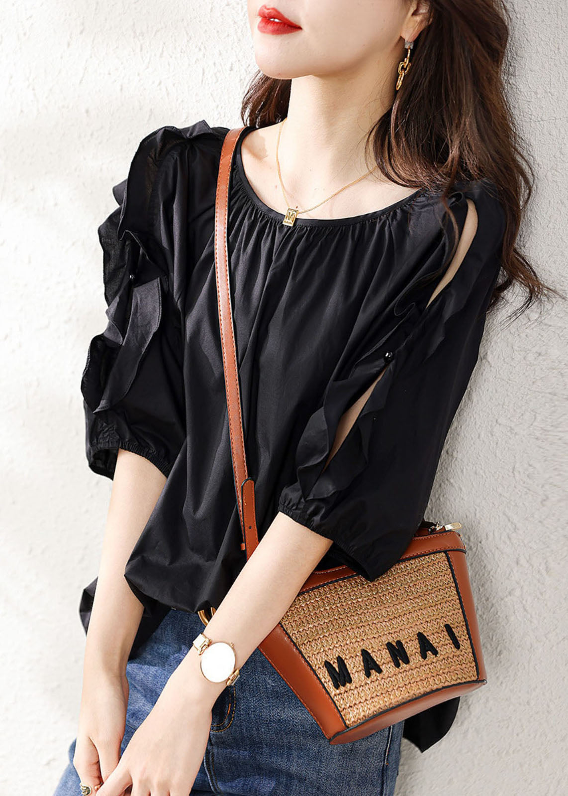 Handmade Black O Neck Ruffled Patchwork Cotton Shirt Summer TP1063 - fabuloryshop