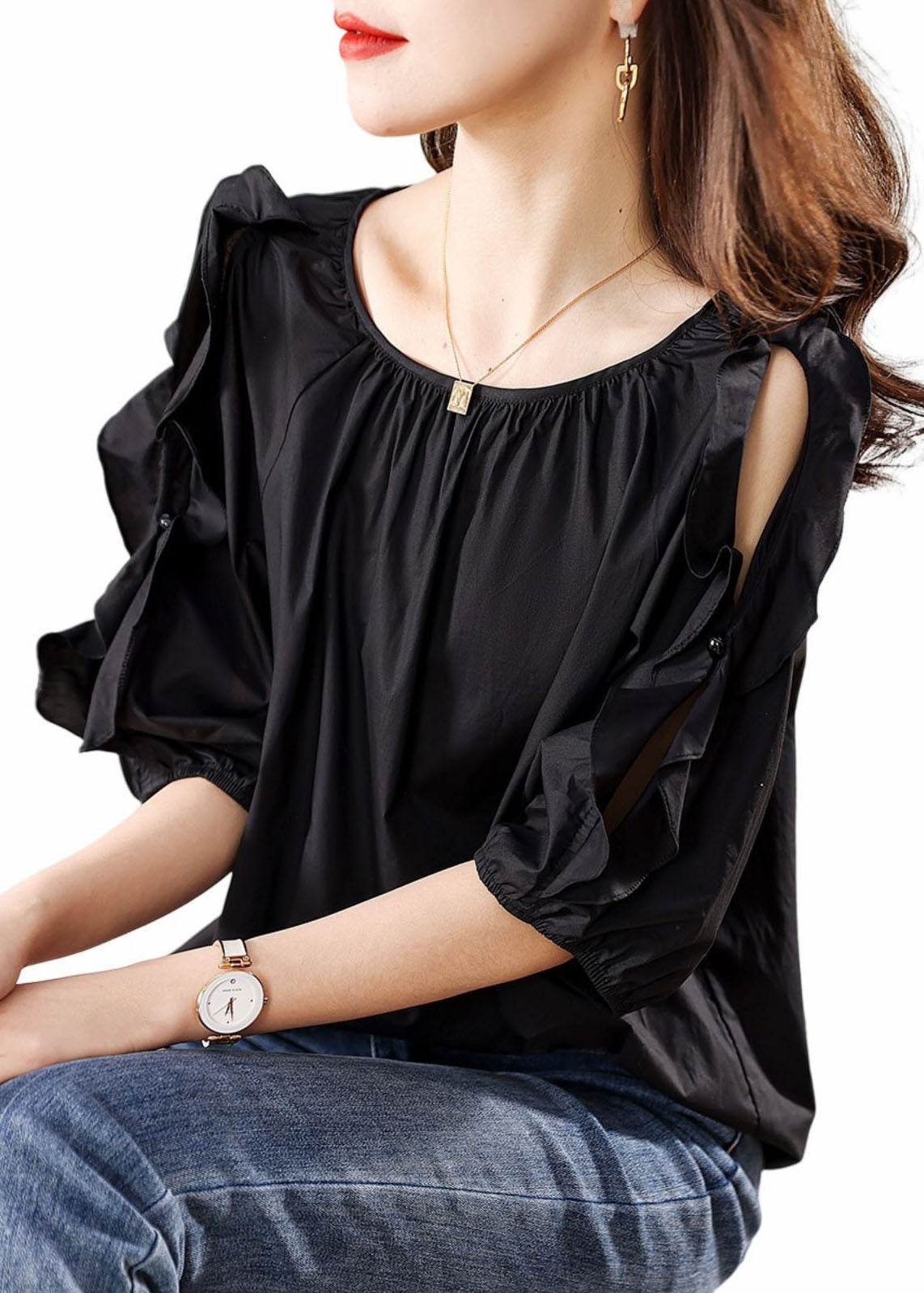 Handmade Black O Neck Ruffled Patchwork Cotton Shirt Summer TP1063 - fabuloryshop