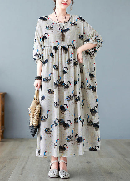 Handmade Black O-Neck Swan Print Patchwork Cotton Maxi Dresses Half Sleeve Ada Fashion