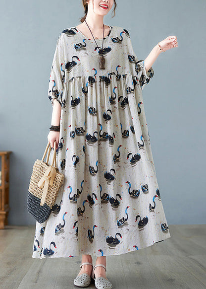 Handmade Black O-Neck Swan Print Patchwork Cotton Maxi Dresses Half Sleeve Ada Fashion