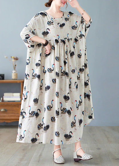 Handmade Black O-Neck Swan Print Patchwork Cotton Maxi Dresses Half Sleeve Ada Fashion