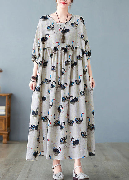 Handmade Black O-Neck Swan Print Patchwork Cotton Maxi Dresses Half Sleeve Ada Fashion