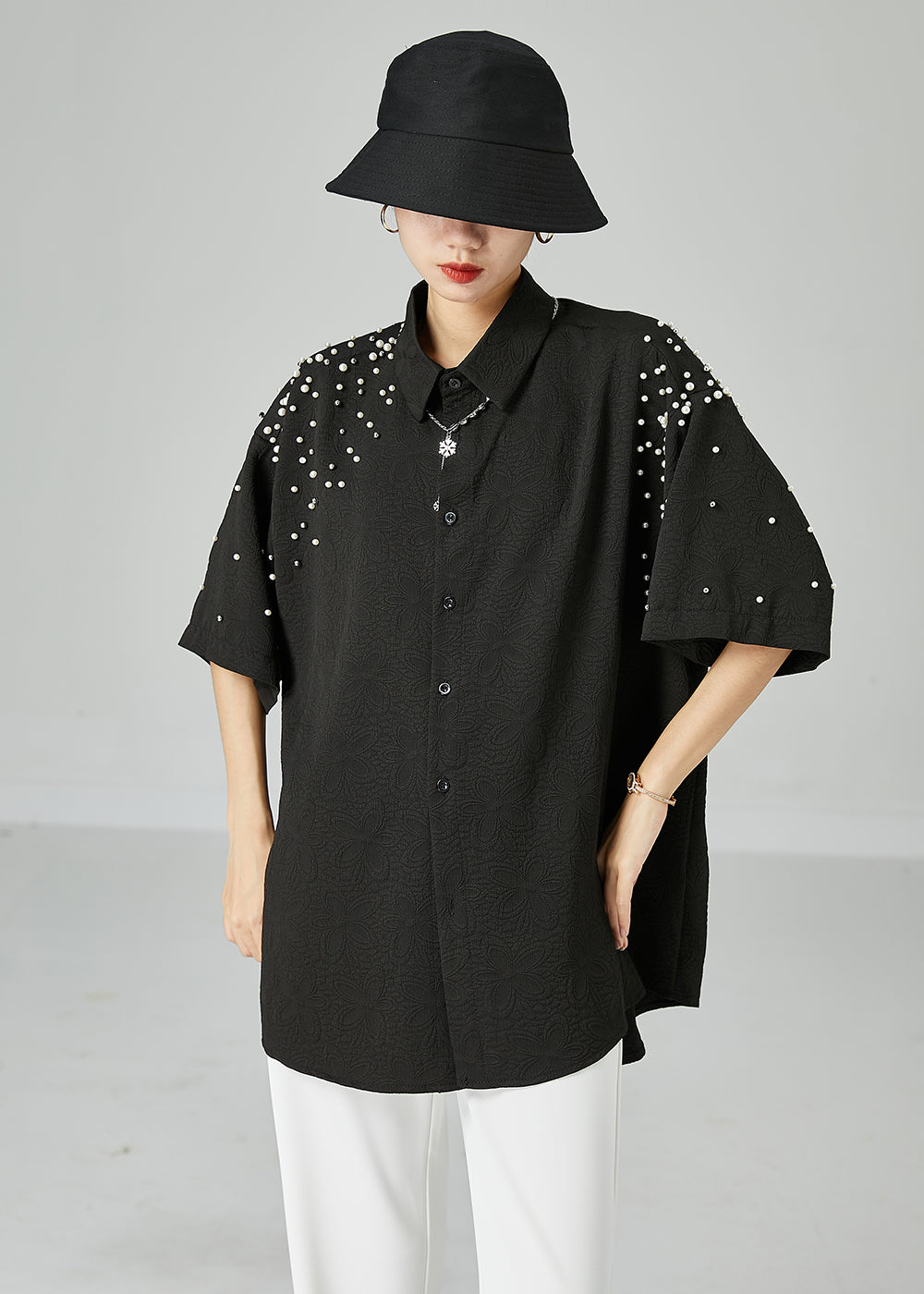 Handmade Black Oversized Nail Bead Jacquard Cotton Blouses Short Sleeve LY2468 - fabuloryshop