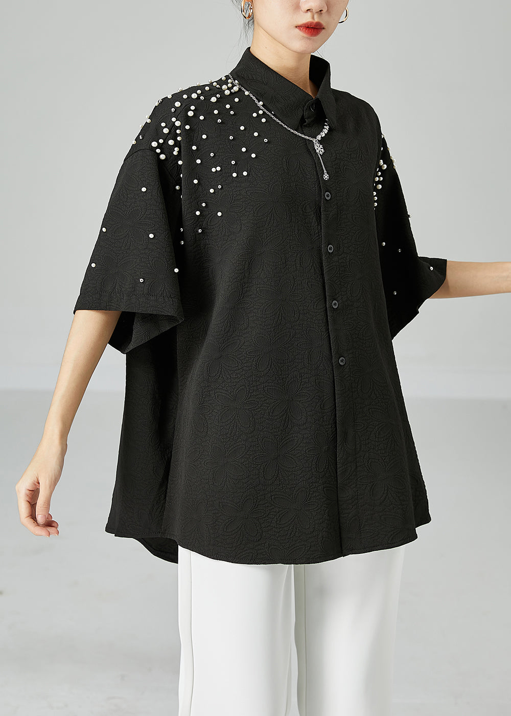 Handmade Black Oversized Nail Bead Jacquard Cotton Blouses Short Sleeve LY2468 - fabuloryshop