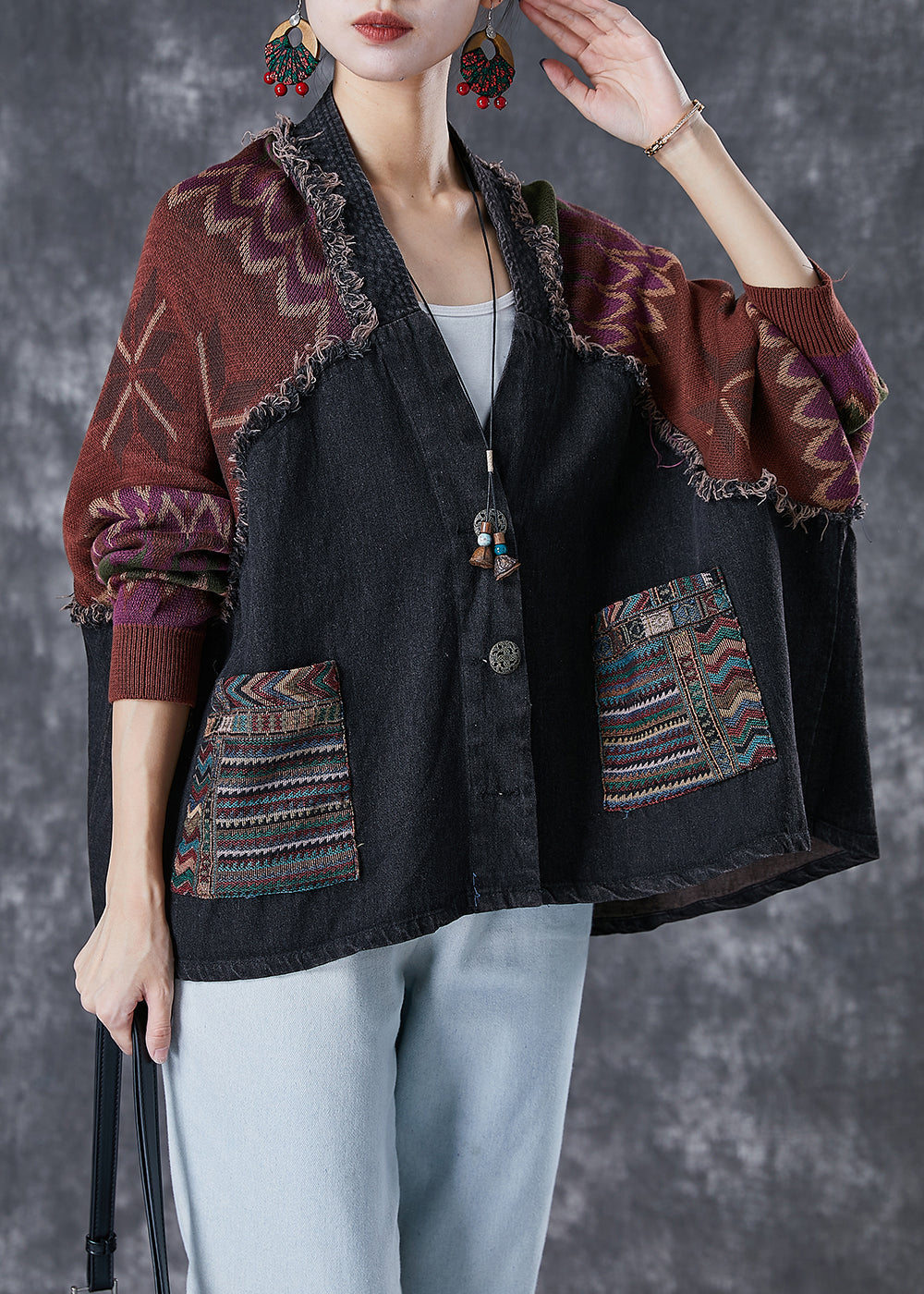 Handmade Black Oversized Patchwork Knit Denim Jackets Fall Ada Fashion