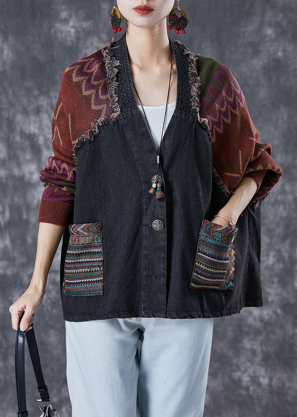 Handmade Black Oversized Patchwork Knit Denim Jackets Fall Ada Fashion