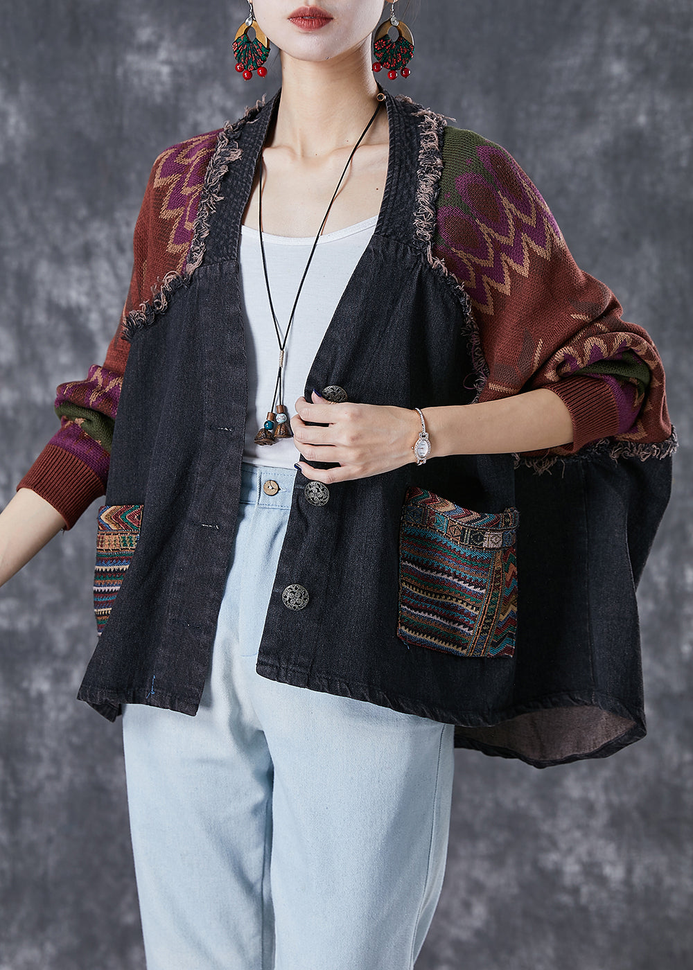 Handmade Black Oversized Patchwork Knit Denim Jackets Fall Ada Fashion