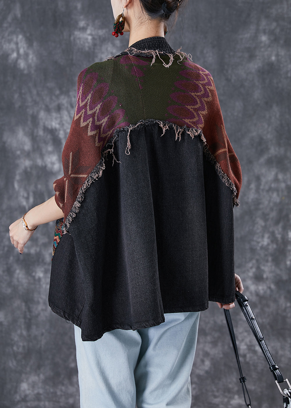Handmade Black Oversized Patchwork Knit Denim Jackets Fall Ada Fashion