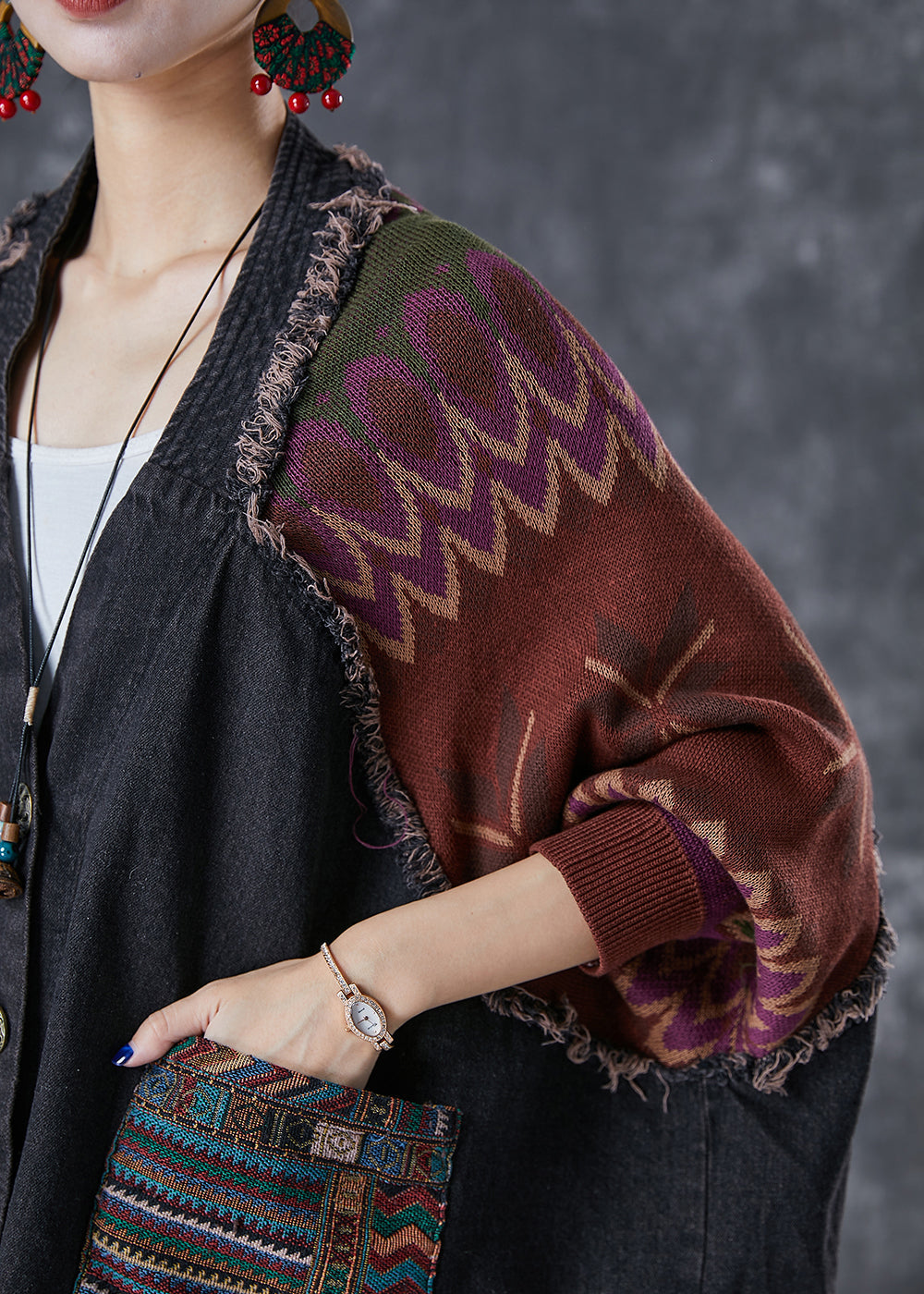 Handmade Black Oversized Patchwork Knit Denim Jackets Fall Ada Fashion