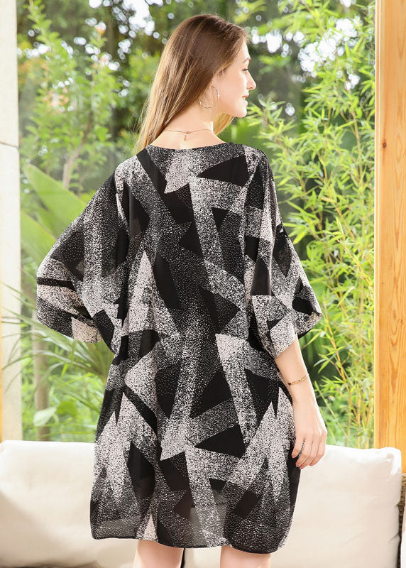 Handmade Black Oversized Print Chiffon Dresses Batwing Sleeve LY0320 - fabuloryshop