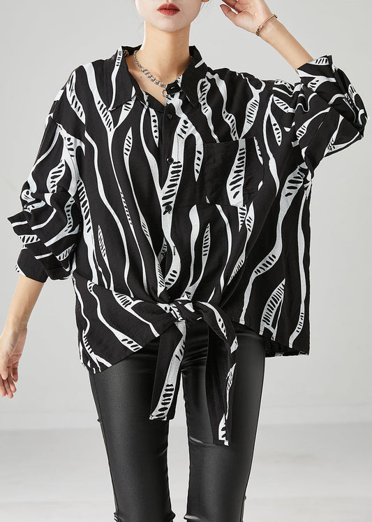 Handmade Black Oversized Print Cotton Shirt Top Fall Ada Fashion