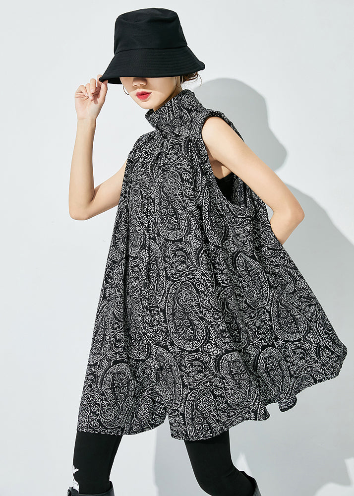 Handmade Black Oversized Print Cotton Shirts Sleeveless LY0837 - fabuloryshop