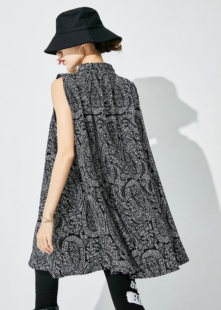 Handmade Black Oversized Print Cotton Shirts Sleeveless LY0837 - fabuloryshop