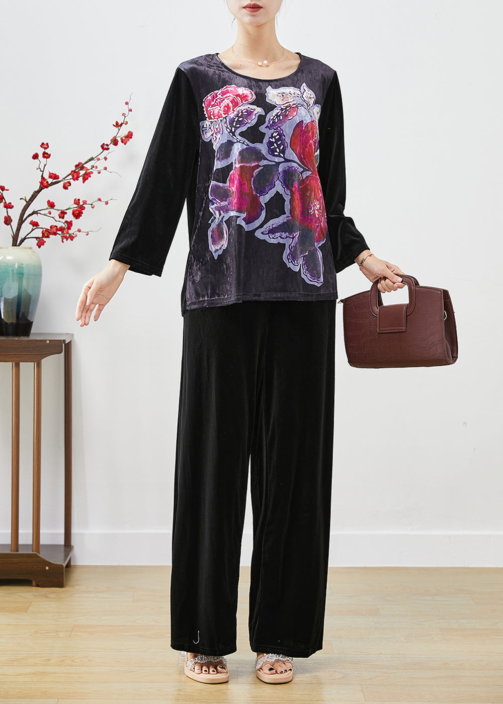 Handmade Black Oversized Print Silk Velour Two Pieces Set Fall Ada Fashion