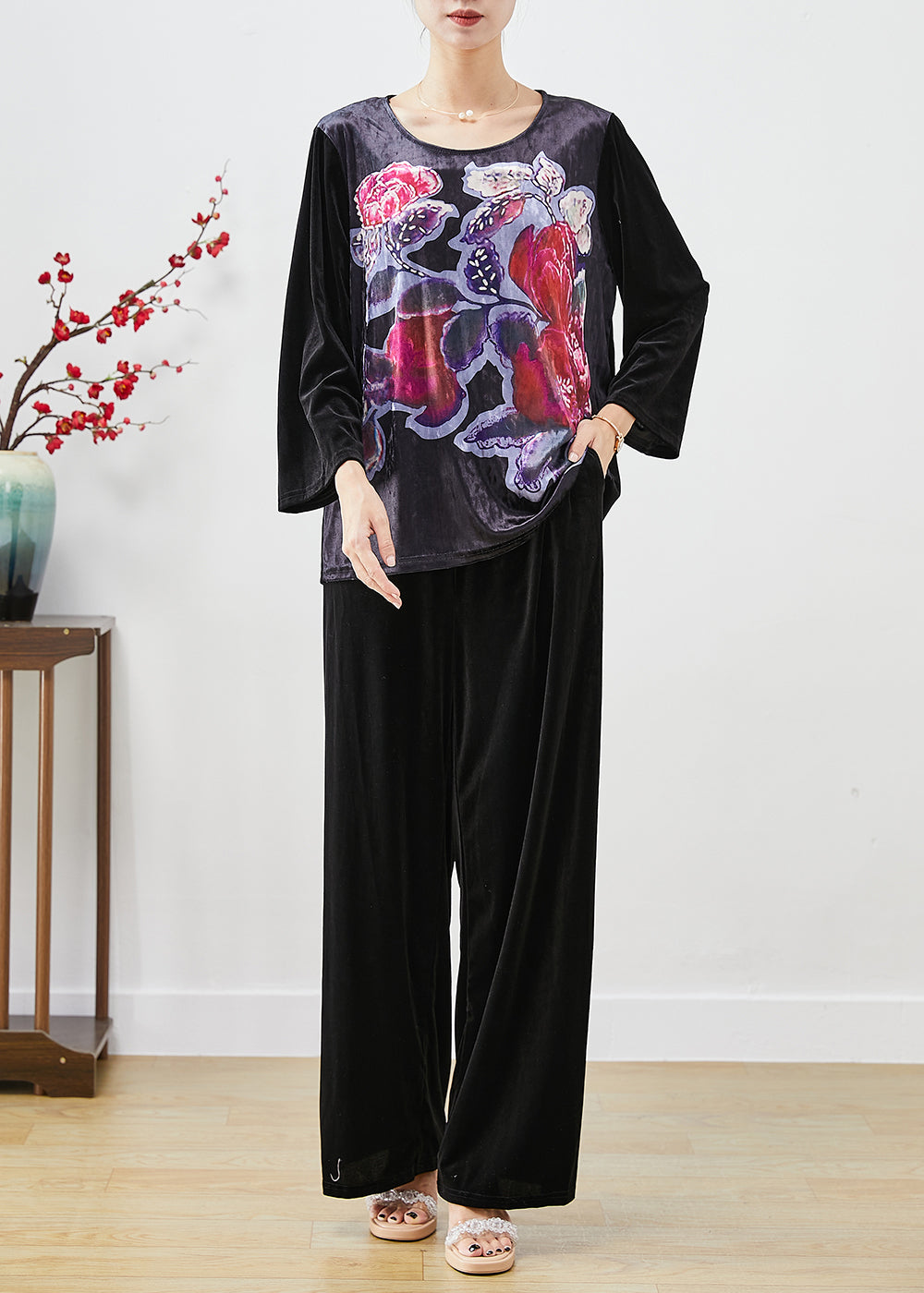 Handmade Black Oversized Print Silk Velour Two Pieces Set Fall Ada Fashion