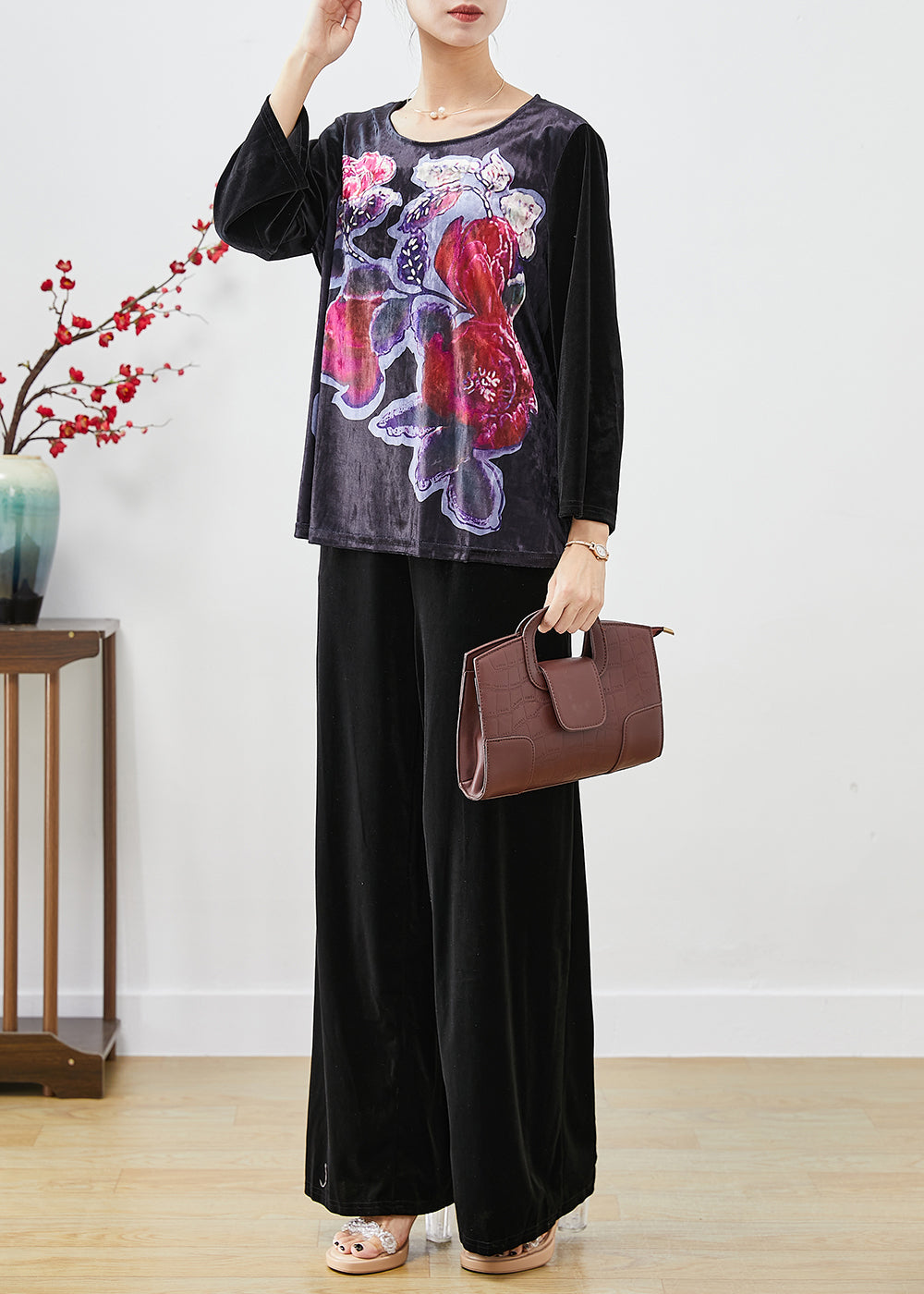 Handmade Black Oversized Print Silk Velour Two Pieces Set Fall Ada Fashion