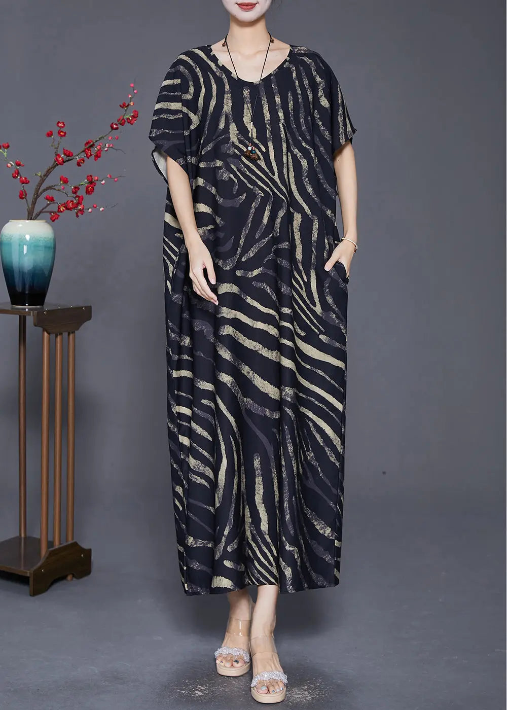 Handmade Black Oversized Striped Vacation Dresses Summer Ada Fashion