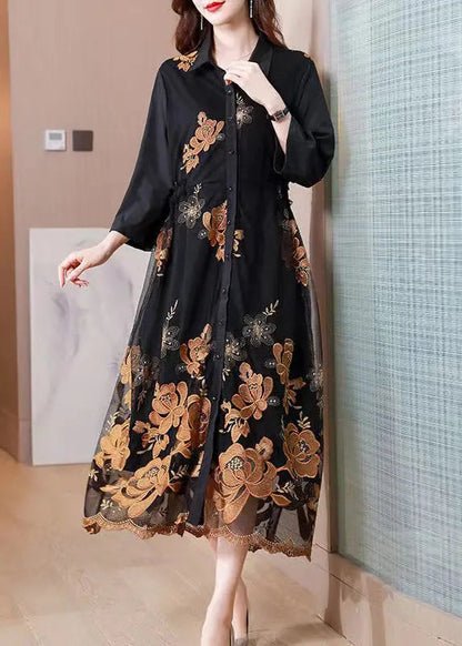 Handmade Black Peter Pan Collar Embroideried Patchwork Dress Fall Ada Fashion