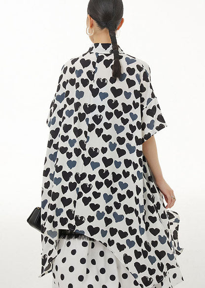 Handmade Black Peter Pan Collar Heart Print Chiffon Tops Summer LY1237 - fabuloryshop