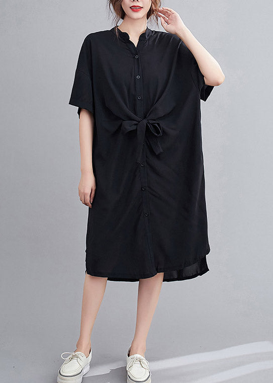 Handmade Black Peter Pan Collar Tie Waist Long Dresses Summer LY3002 - fabuloryshop