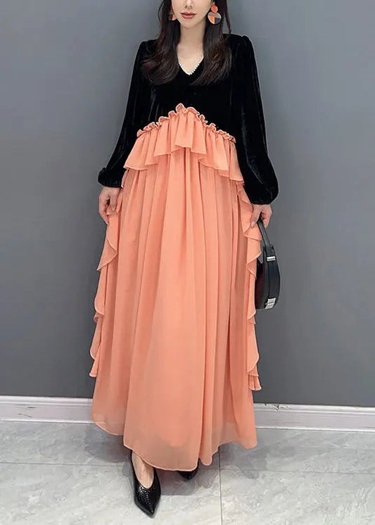 Handmade Black Pink Ruffled Velour Patchwork Chiffon Dresses Fall Ada Fashion