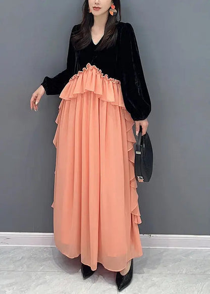 Handmade Black Pink Ruffled Velour Patchwork Chiffon Dresses Fall Ada Fashion