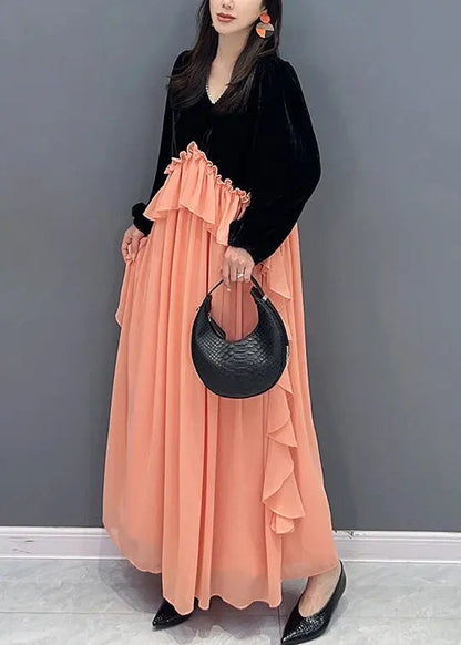 Handmade Black Pink Ruffled Velour Patchwork Chiffon Dresses Fall Ada Fashion