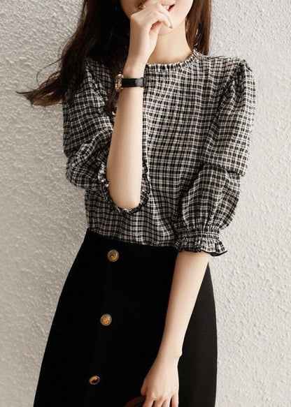 Handmade Black Plaid Ruffled Patchwork Cotton Tops Spring LY1401 - fabuloryshop