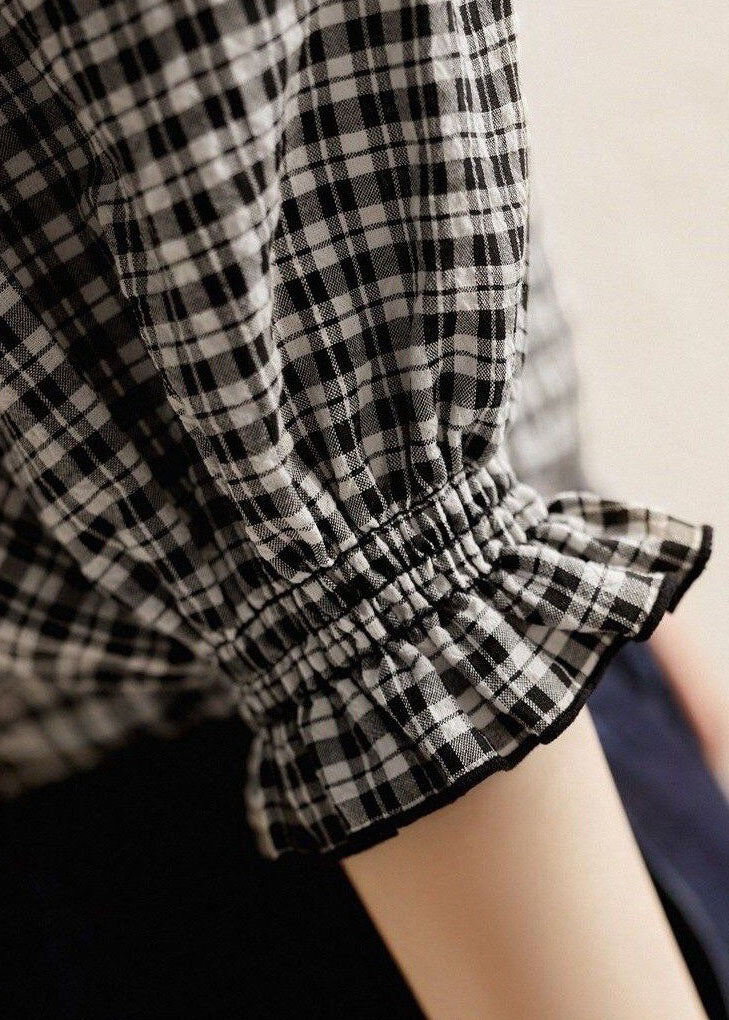 Handmade Black Plaid Ruffled Patchwork Cotton Tops Spring LY1401 - fabuloryshop