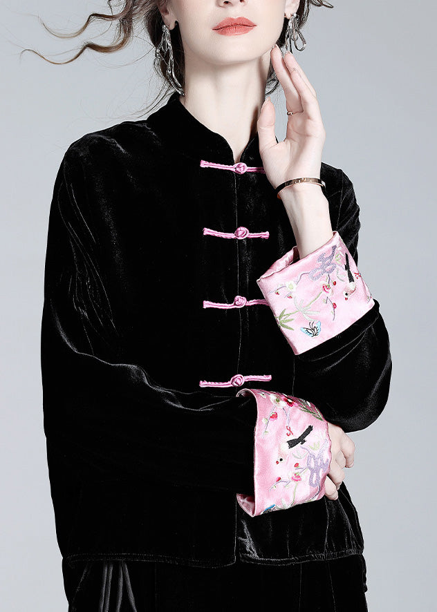Handmade Black Print Button Silk Velour Shirt Spring LY0720