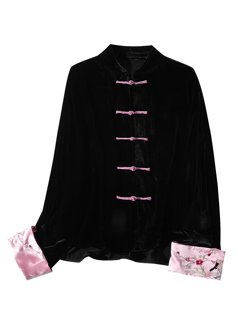 Handmade Black Print Button Silk Velour Shirt Spring LY0720