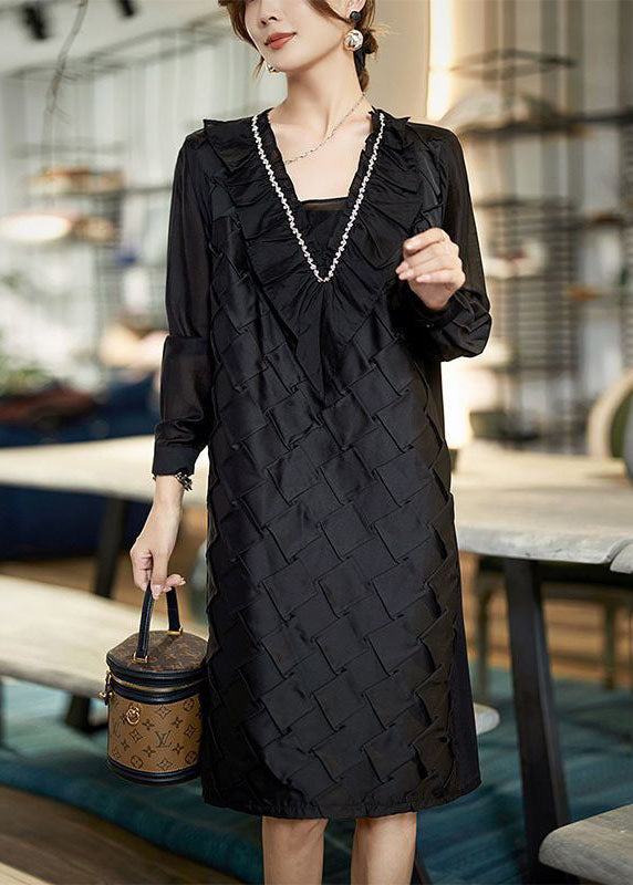 Handmade Black Ruffled Zircon Patchwork Cotton Mid Dress Spring LY3832 - fabuloryshop