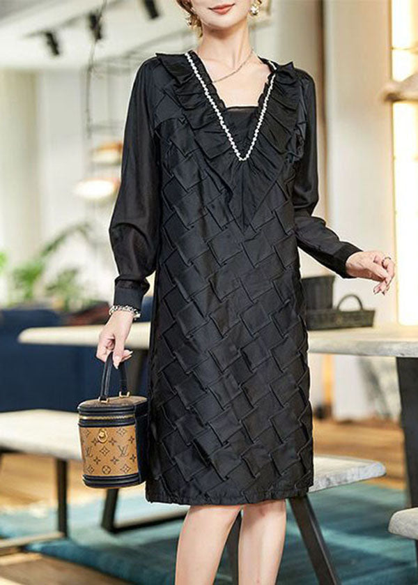 Handmade Black Ruffled Zircon Patchwork Cotton Mid Dress Spring LY3832 - fabuloryshop