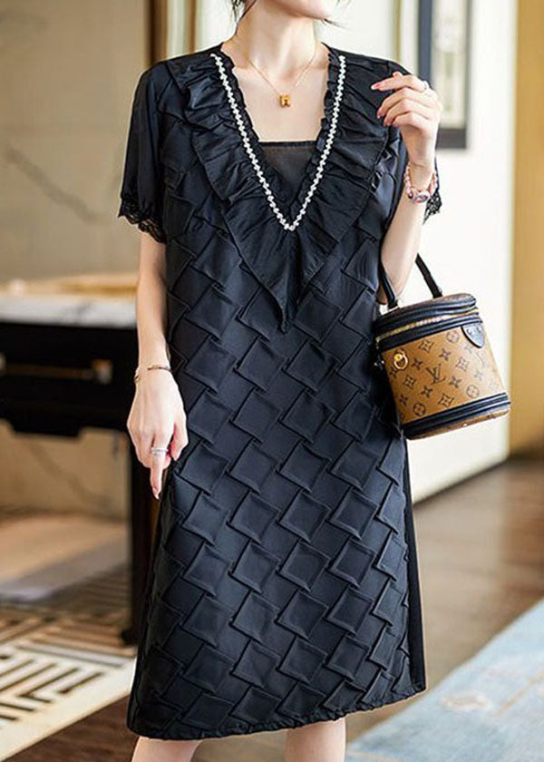 Handmade Black Ruffled Zircon Patchwork Cotton Mid Dress Spring LY3832 - fabuloryshop