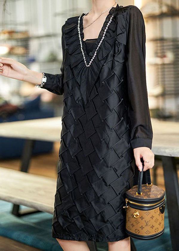 Handmade Black Ruffled Zircon Patchwork Cotton Mid Dress Spring LY3832 - fabuloryshop