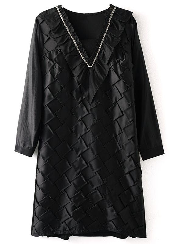 Handmade Black Ruffled Zircon Patchwork Cotton Mid Dress Spring LY3832 - fabuloryshop