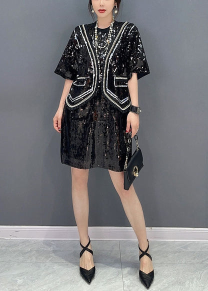 Handmade Black Sequins Patchwork False Two Pieces Dresses Spring LC0362 - fabuloryshop